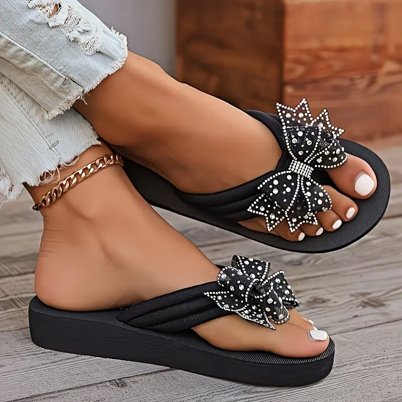 Women’s Rhinestone Butterfly Flip Flops - Cute Comfy Flip Strap Fashion Slippers with Soft Flexible EVA Sole, Sparkly Crystal Bow Flat Sandals for Poolside & Casual Wear, Black, Cute Comfy Sandals, Flexible Sole Women's Fashion Slippers, Flip Strap Women'