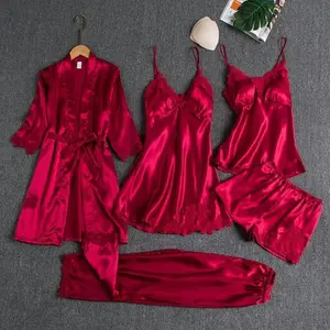 5PC Silk Robe Sleep Suit Womens Lace Satin Pajamas Gown Set V-Neck Cami Nighties Wear Pijama Home Nightwear Spring NightdressGiftGift