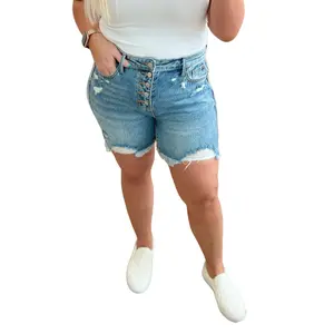 Judy Blue High Waist Rigid Magic Button Fly Cutoff Jean Shorts 150253, Last Few size 3X, Stretchy Comfort Denim Cotton Womenswear Bottom, Chic Trendy, Distressed