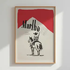 Vintage Marlboro Cowboy Art Print, Retro Western Ad, 80s Inspired, Men Cave, Home Decor
