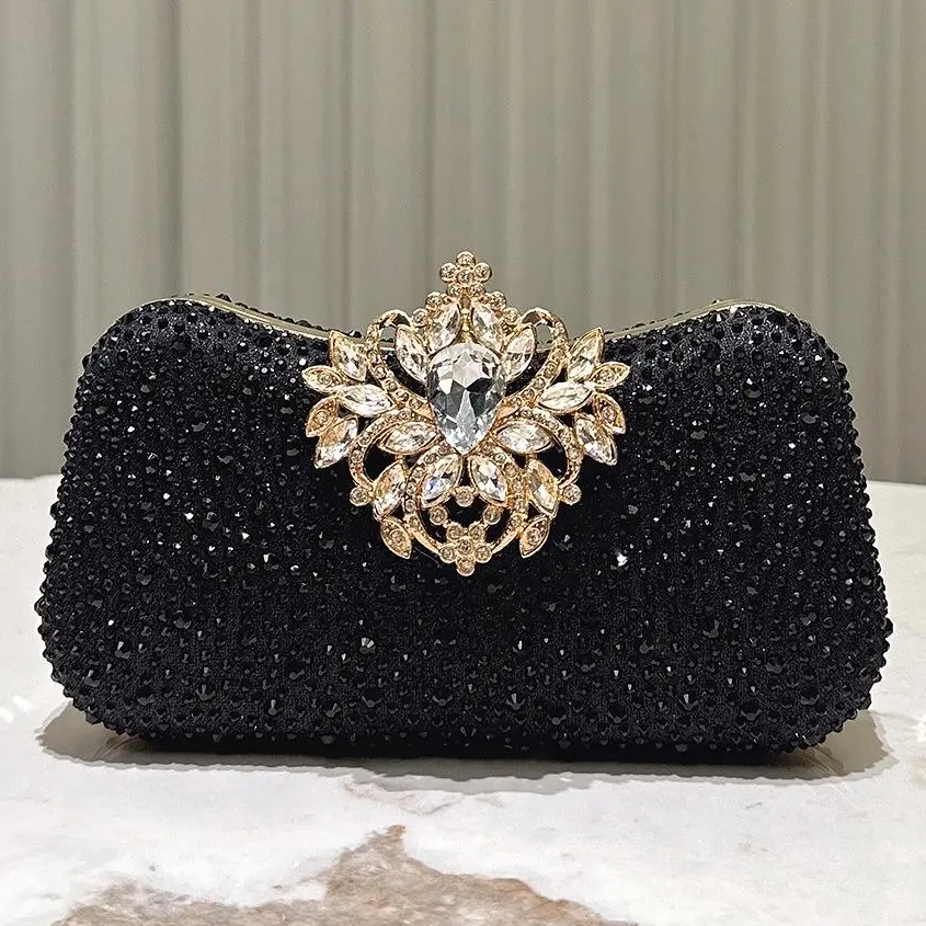 Women's Glamorous Black Rhinestone Hard-Case Evening Clutch Bag - Baroque Floral Crystal Ornament Clasp Closure Handbag with Detachable Gold Chain Crossbody Purse for Wedding, Formal Events (Offers Protection)