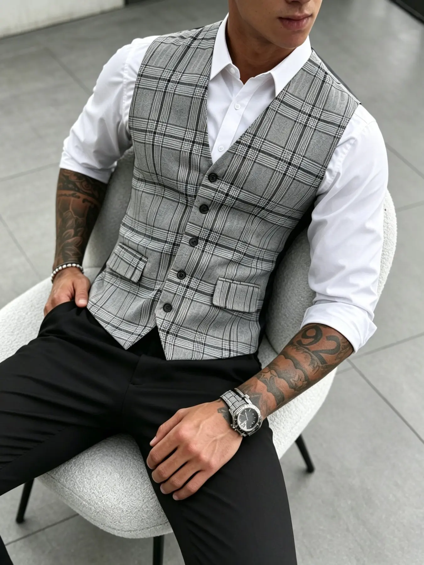 Men's Gingham Checked Plaid Slim-Fit Vest, Business Formal Classic Blazer Vest, Suit Vests, Wrinkle-Resistant Fabric, V Neck, Single Button, Two Pockets, All Seasons