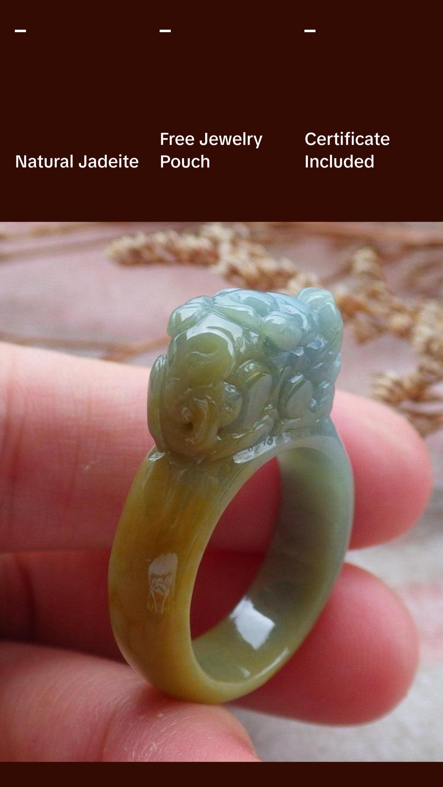 Certified Hand Carved Blue Water Green Yellow Natural Myanmar Burma A JADE Jadeite Dragon Pi Xiu Ring US 8.75