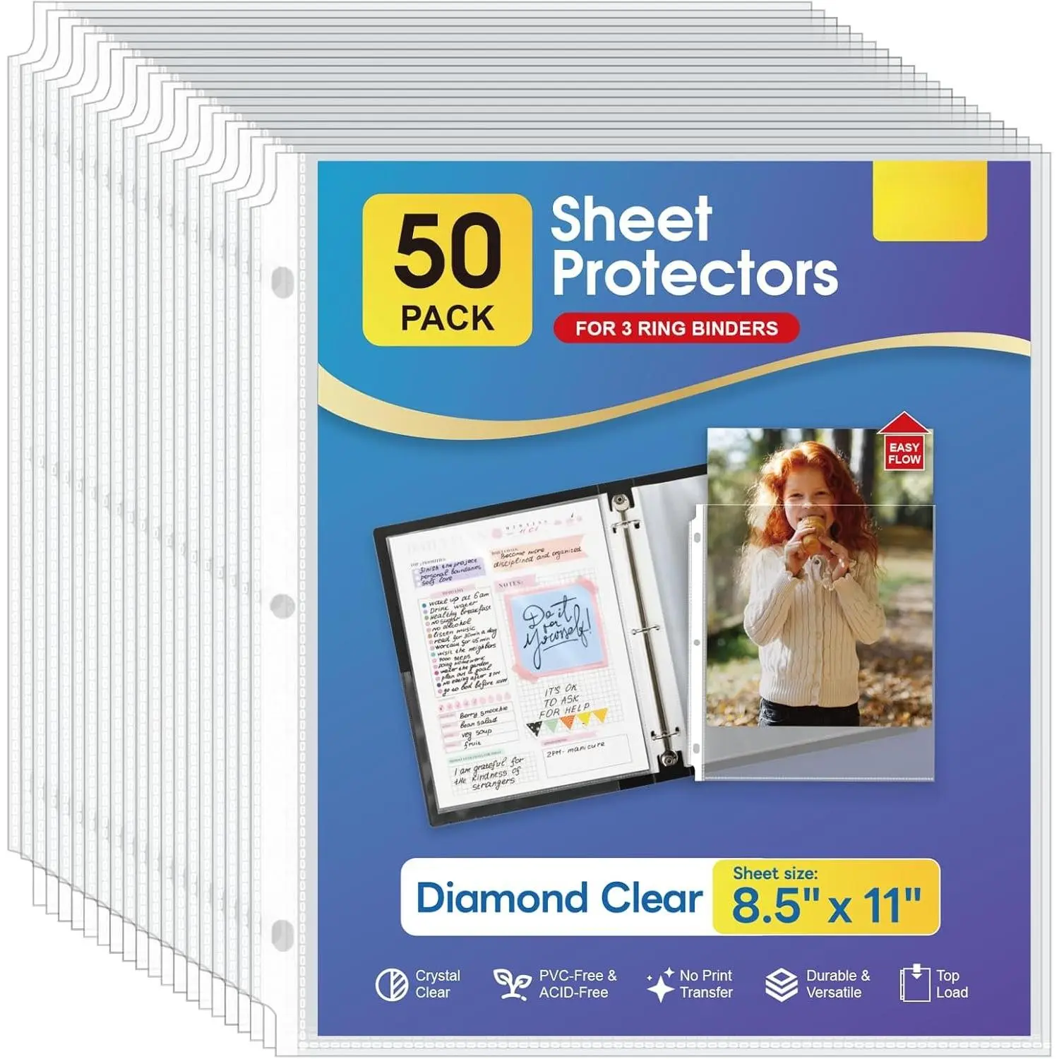 Sheet Protectors 8.5x11 Inch, Durable Synthetic Polypropylene Top-Loading Binder Accessories, Easy to Reference Letter Size Sleeves for 3-Ring Binders, Organizing Documents Office Supplies, 50 Pack