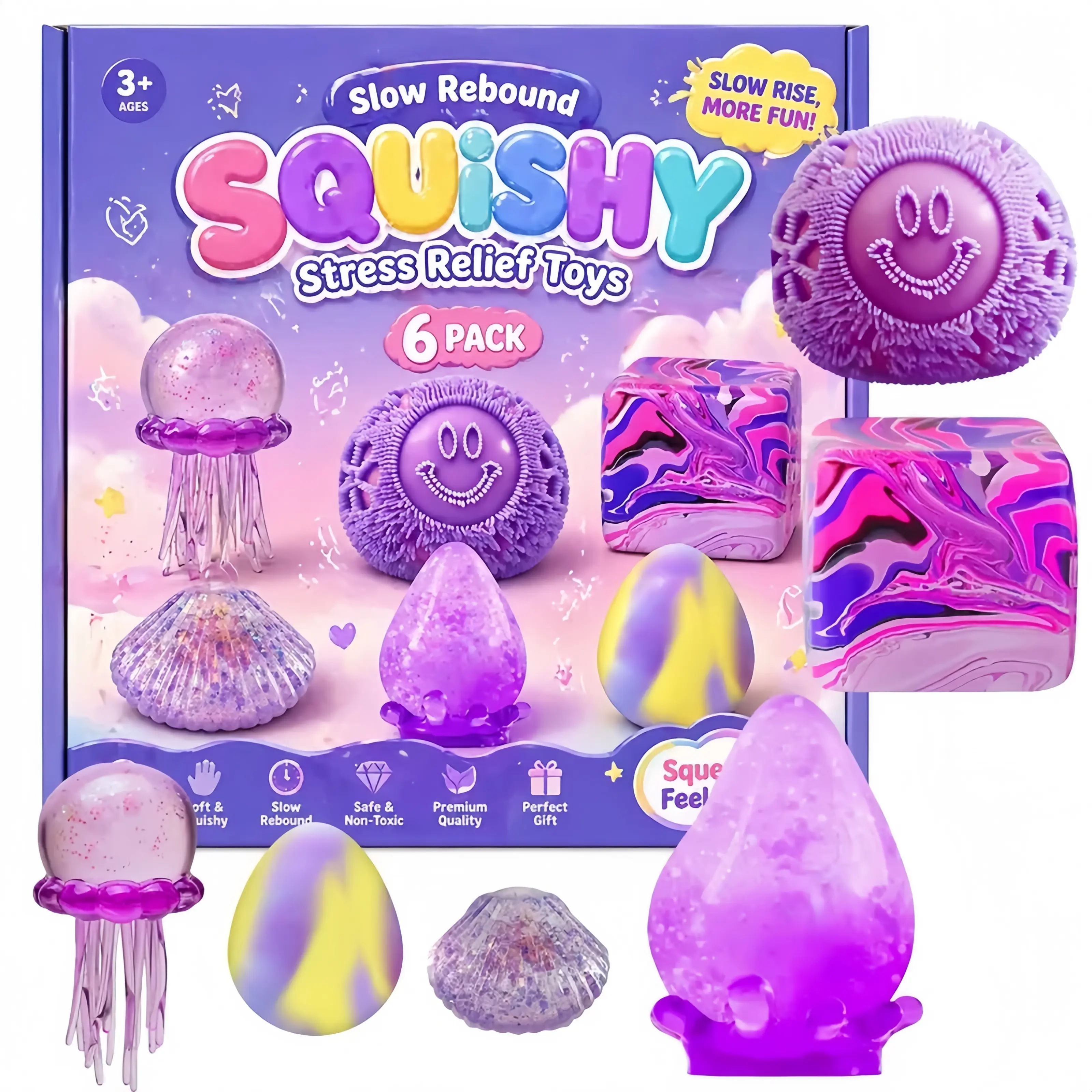 Stress Relief Squishies Toys 6-Piece Set, Malt Sugar Slow-Return Squishy Bundle with 6 Different Styles, Sensory Fidget Toys for Party Gifts