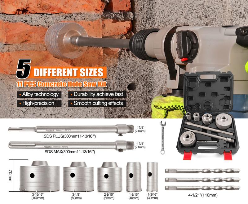11PCS Concrete Hole Saw Kit 30mm-100mm with Max Shank & SDS Plus for Concrete Brick Drilling Heavy Duty Power Tool Set