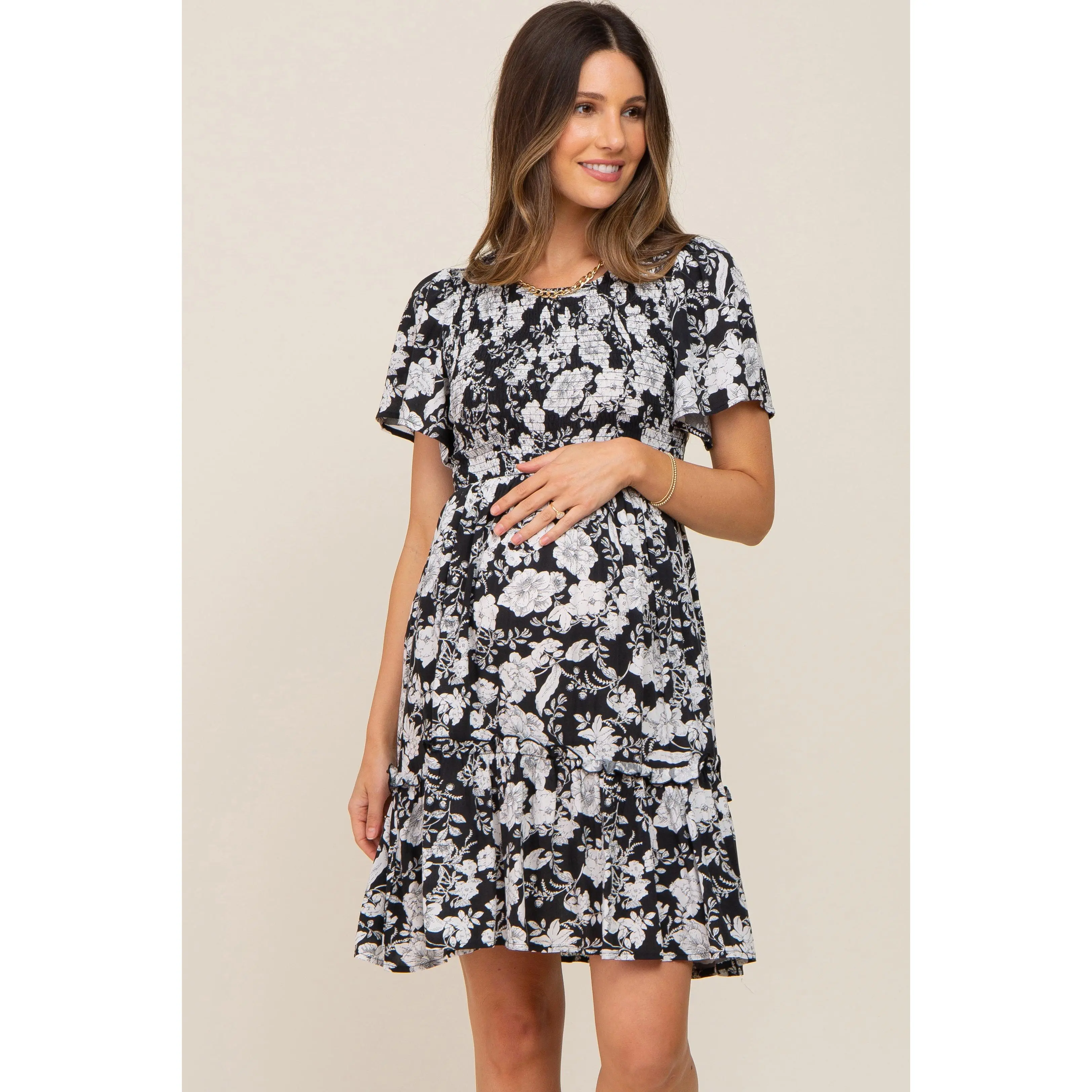 Black Floral Smocked Gathered Tier Maternity Dress, Maternity Wear, Pregnancy Clothes