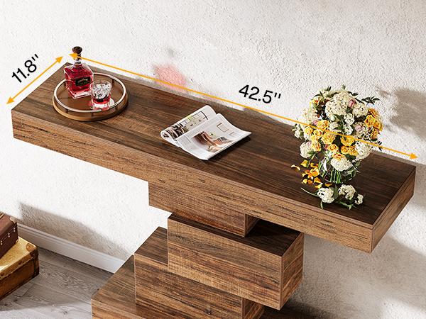 Tribesigns Farmhouse Console Table, 42.5-Inch Narrow Wood Sofa Table Behind Couch with Geometric Base, Industrial Entryway Accent Table for Living Room, Hallway, Entrance, Rustic Brown