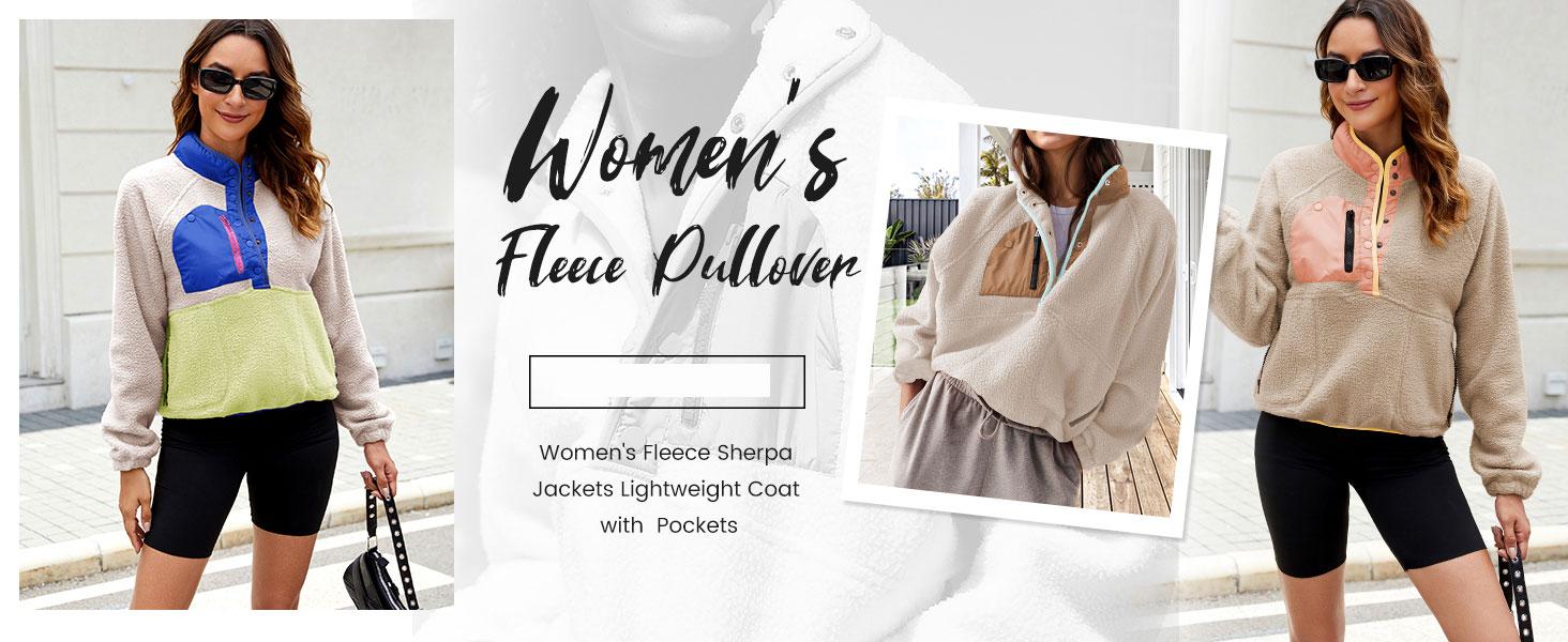 SCUSTY Women's Lightweight Fleece Pullover Jacket Cropped Fall Winter Fuzzy Sherpa Jacket Half Snap Button Stand Collar with Pockets SCUSTY Women's Lightweight Fleece Pullover Jacket Cropped Fall Winter Fuzzy Sherpa Jacket Half Snap Button Stand Collar with Pockets