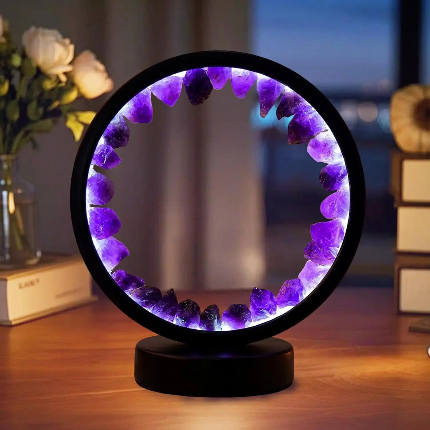 Round Natural Amethyst Crystal Home Decor Light - 3-Color Dimmable USB-Port Eye Protection Atmosphere Night Light, Adjustable Mood Lamp for Bedroom, Christmas Gift