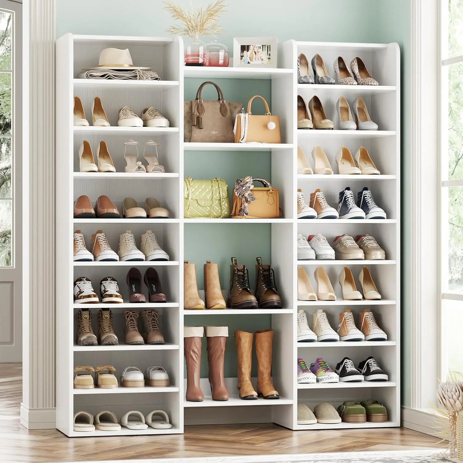 Unikito 14-Tier Wood Shoe Cabinet, Freestanding Shoe Storage Organizer with 22 Open Cubbies for Entryway, Living Room