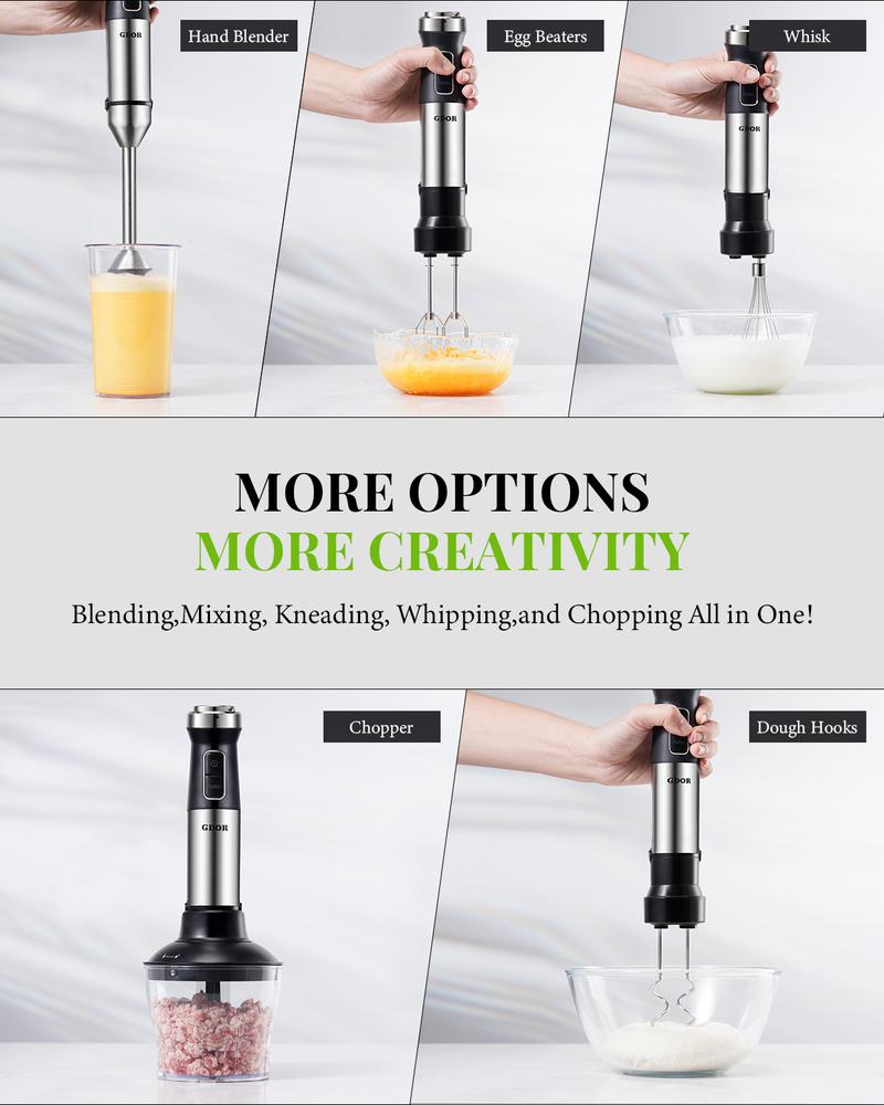 【6 in 1】Hand Blender Immersion Handheld Blender Mixer 20-Speed, Scratch Resistance Emulsion Stick Blender with Dough Hooks Egg Beaters Whisk Beaker Chopper, Best Gift