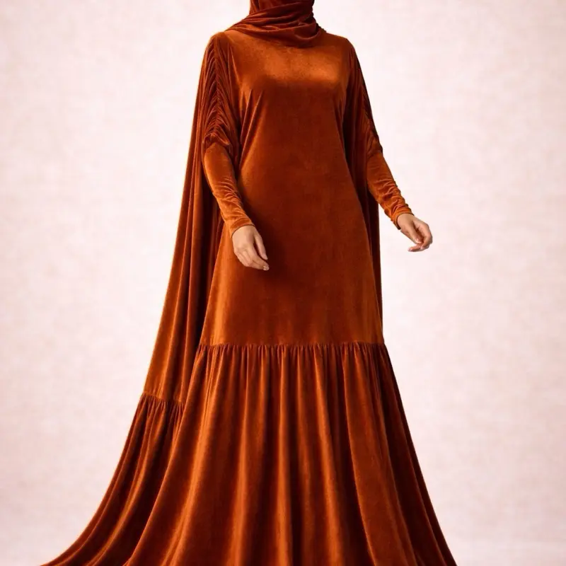 MISR Velvet Abaya Luxury Batwing Modest Dress with Adjustable Waist Full Hijab Coverage & Dramatic Gathered Hem for Winter Events