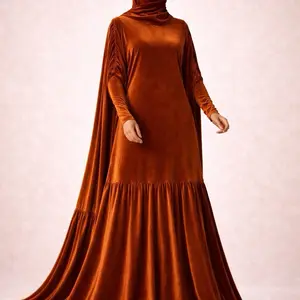 MISR Velvet Abaya Luxury Batwing Modest Dress with Adjustable Waist Full Hijab Coverage & Dramatic Gathered Hem for Winter Events