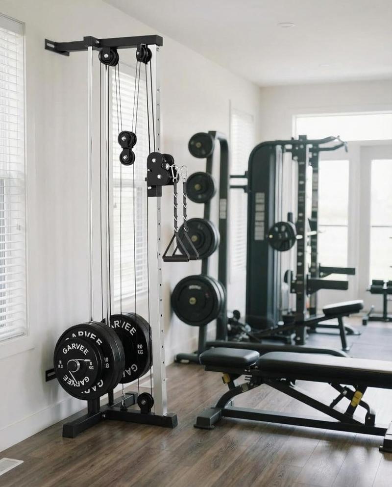 Wall Mount Cable Station – Dual Pulley Cable Crossover Machine with 18 Adjustable Positions, Tricep Rope, T-Bar, LAT Pulldown Bar & Foot Board for Home Hotel Gym Strength Training