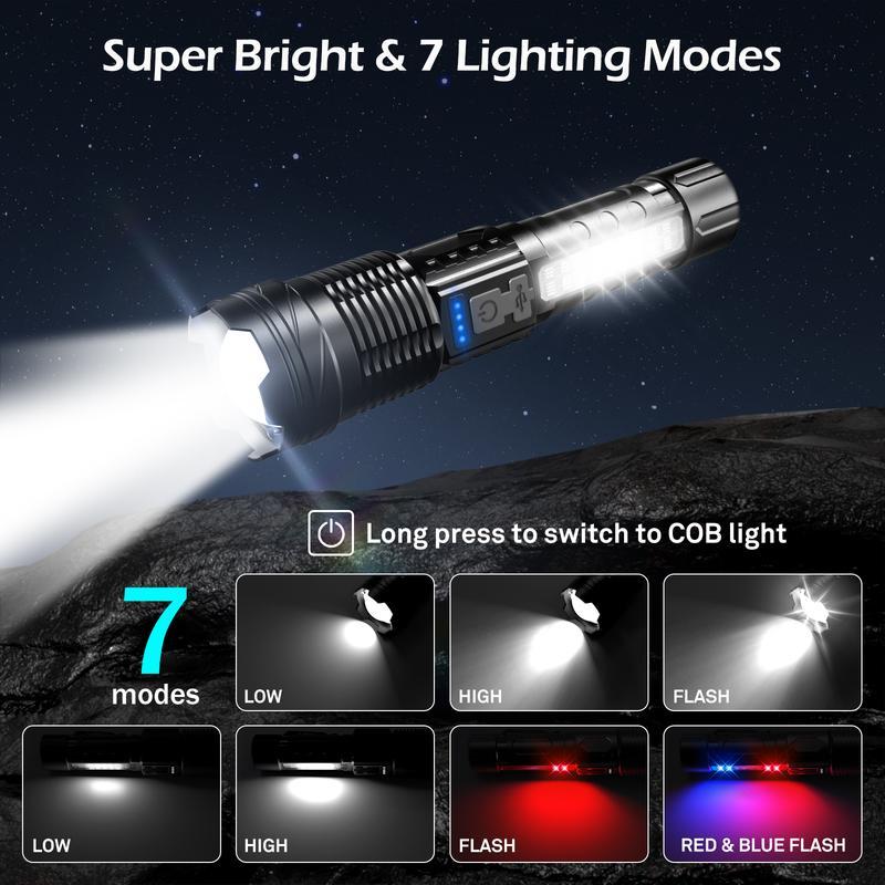Strong Light Flashlight USB Rechargeable with Emergency White Light and Red & Blue Alarm Lights.with 7 Modes, IPX4 Waterproof, Versatile Use