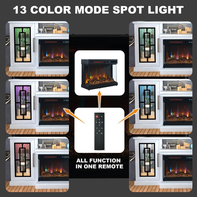 59 Inch LED TV Stand with 3-Side Glass Fireplace, Modern Media Entertainment Center Console Table for TVs up to 65 Inch with Adjustable Flame & LED Color, 24’’ Fireplace, Highboy, White