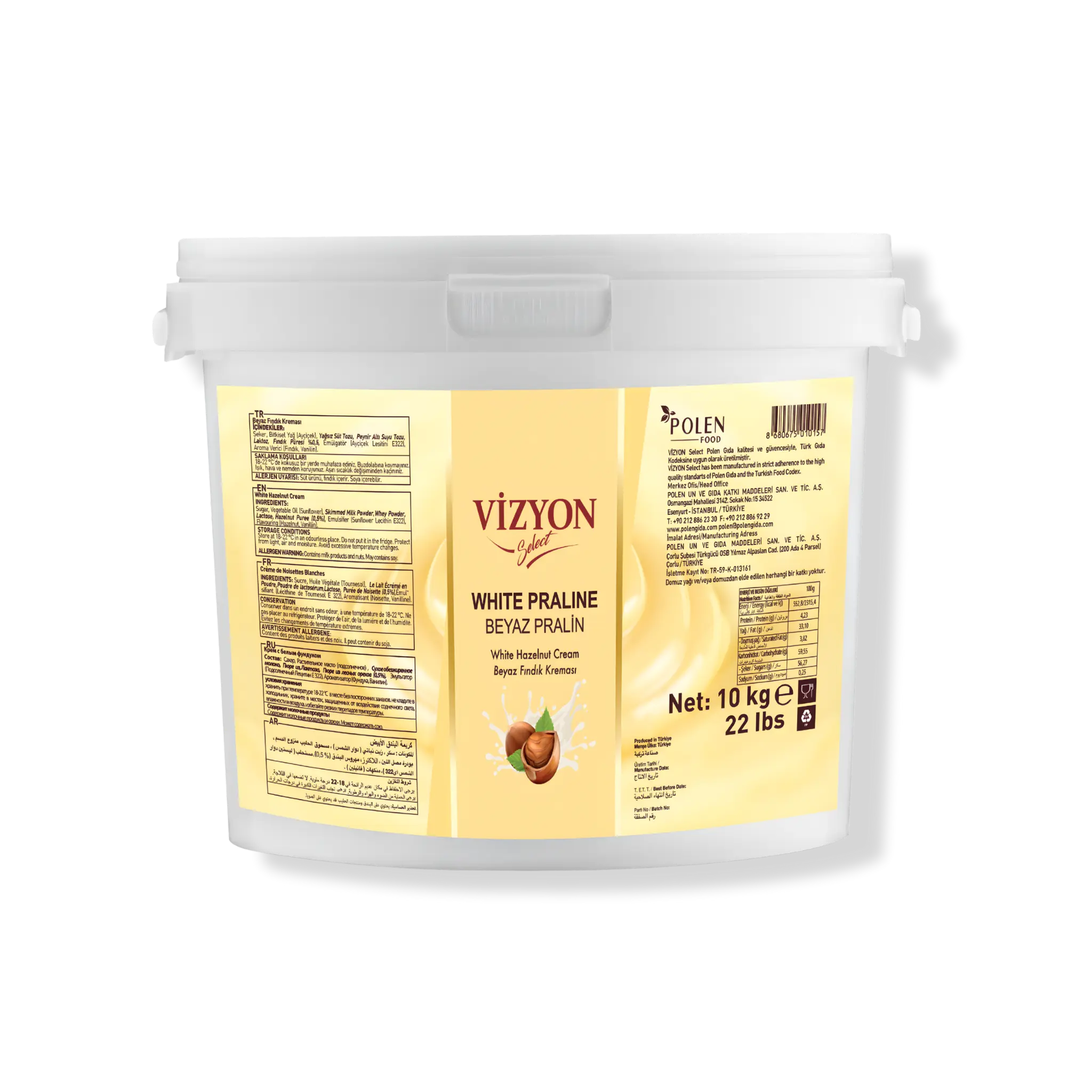 Vizyon Select White Pralin (22 lbs / 10 kg) - White Hazelnut Cream Filling (0.5% Hazelnut Puree)