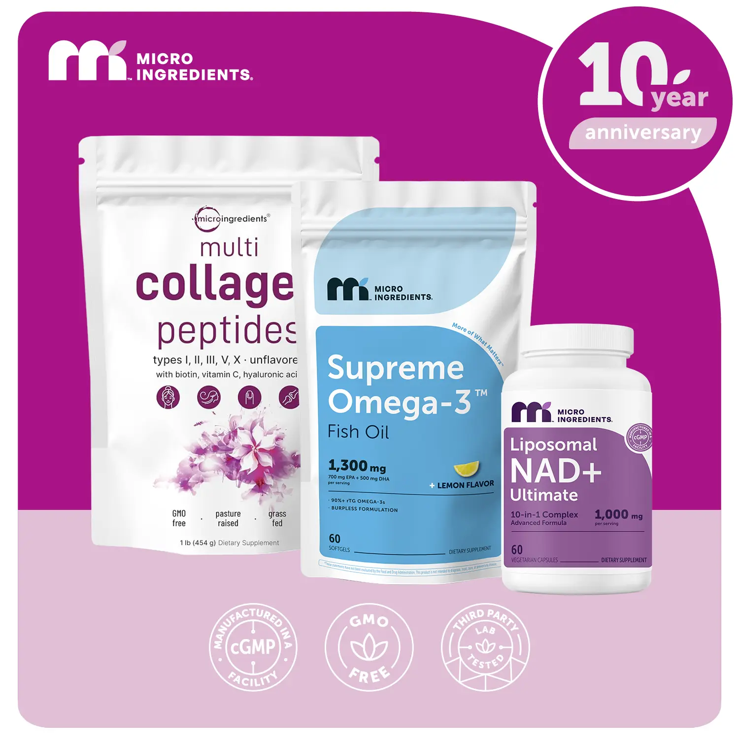 Micro Ingredients Ultimate Anti Aging Bundle: Multi Collagen Peptides Powder 1LB & Liposomal NAD+ 60 Veggie Capsules & Supreme Omega-3 Fish Oil 60 Softgels