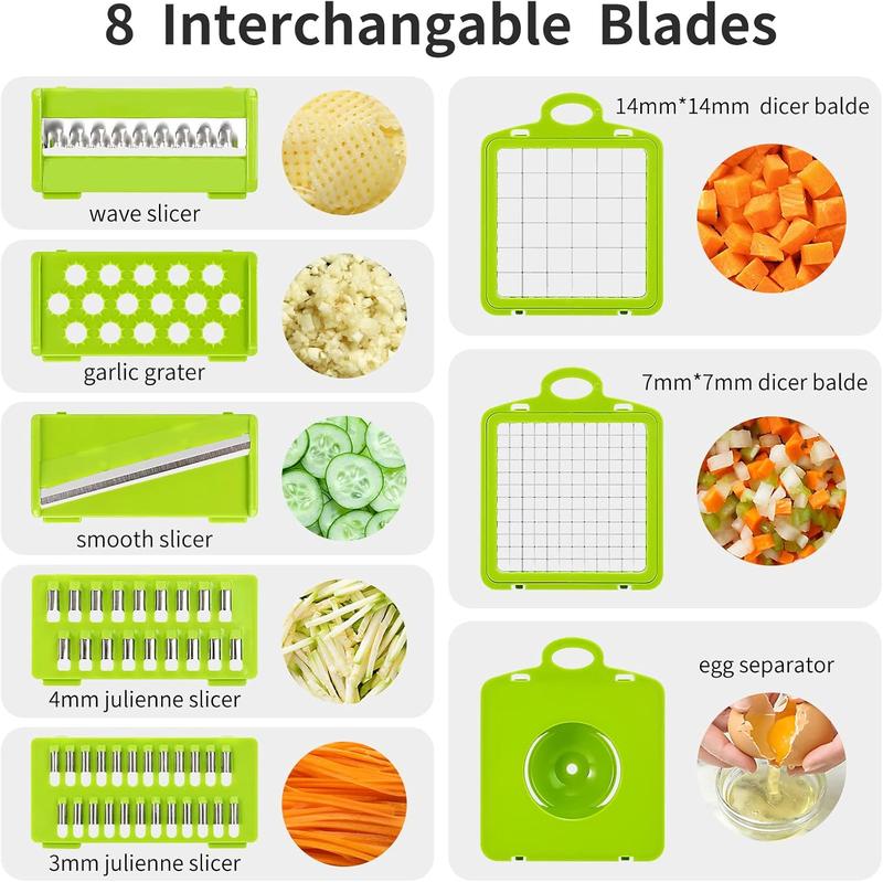 Vegetable Chopper Multifunctional 14-in-1 ABS & Stainless Steel Blades Onion Chopper Slicer Cutter Dicer with 8 Interchangeable Blades Colander Basket Container for Salad Potato Carrot Garlic Easy Clean