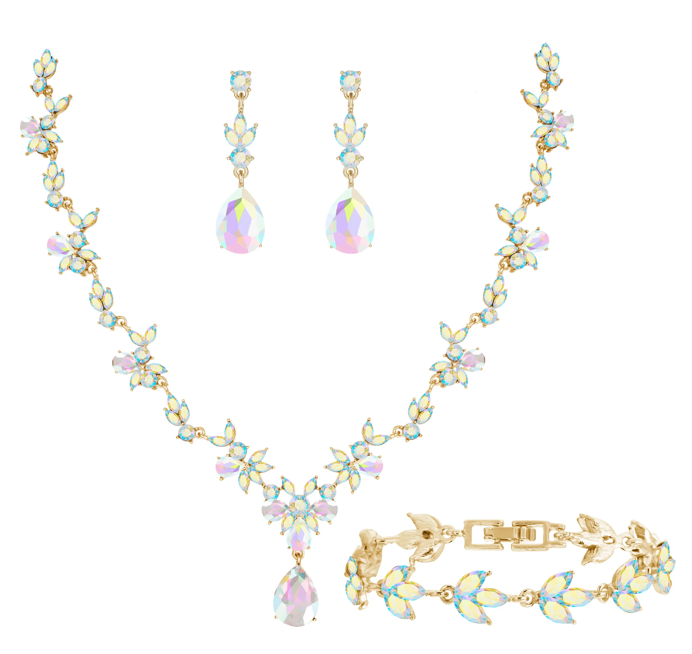 Bridal Wedding Elegant Floral Jewelry Set for Women/Brides/Bridesmaids Crystal Jewelry Set for Wedding Prom Party Bridal Crystal Necklace Earrings Bracelet Set