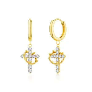 Tewiky 14K Gold Plated Crown Cross Drop Dangle Zircon Silver Earrings Trendy 14K Gold / Silver Plated Small Huggie Hoop Earrings for Women Dainty Hypoallergenic Lightweight Earring Jewelry For Valentine's Day gifts