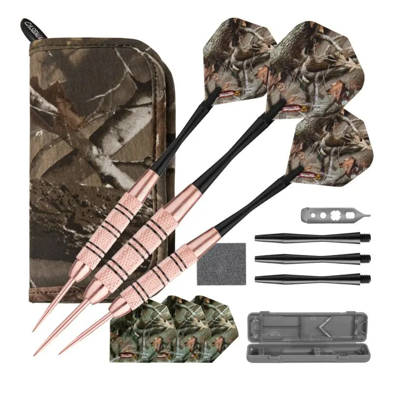 Fat Cat Realtree Hardwoods HD Steel Tip Dart Set - 23gm Steel Darts, Sisal Compatibility, Extra Shafts, Casemaster Deluxe Camouflage Case with Snug Storage, Copper Alloy