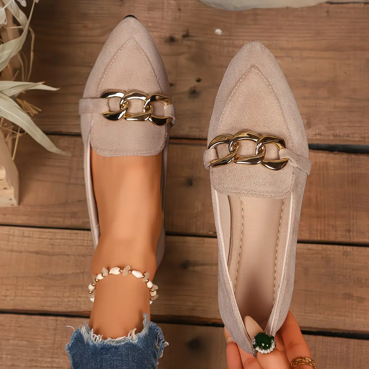 Women’s Pointed Toe Loafers, Faux Suede Ballet Flats with Gold Chain Buckle, Comfortable Slip-On Low Heel Dress Shoes for Work, Office, Business Casual, Daily Walking, Shopping, Date Night, Wedding and Party