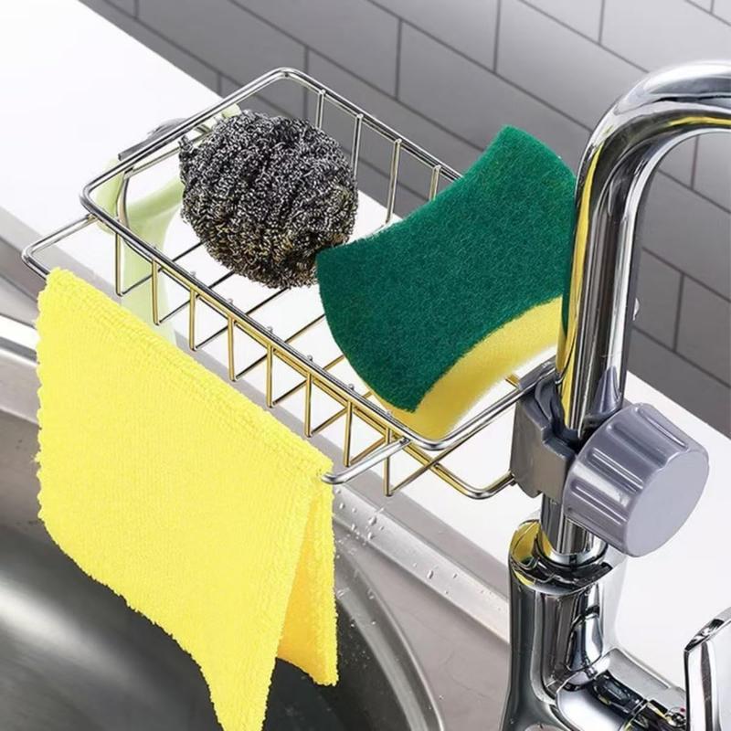 Stainless Steel Sponge Holder for Kitchen Sink – Silver Sink Organizer & Drying Rack for Sponges and Bottles