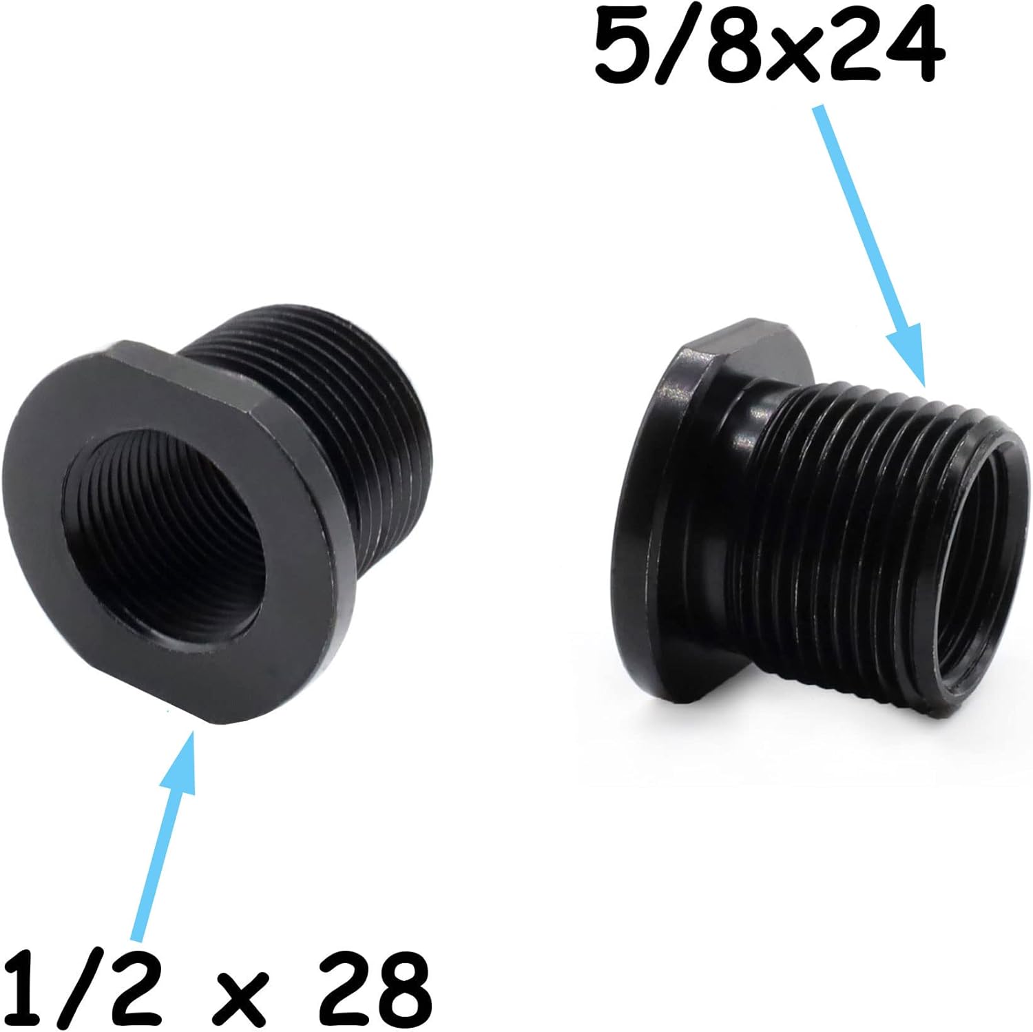 2 Pack 1/2x28 to 5/8x24 Thread Protector Adapter with Crush Washer, CNC Machined , Black Oxide Finish