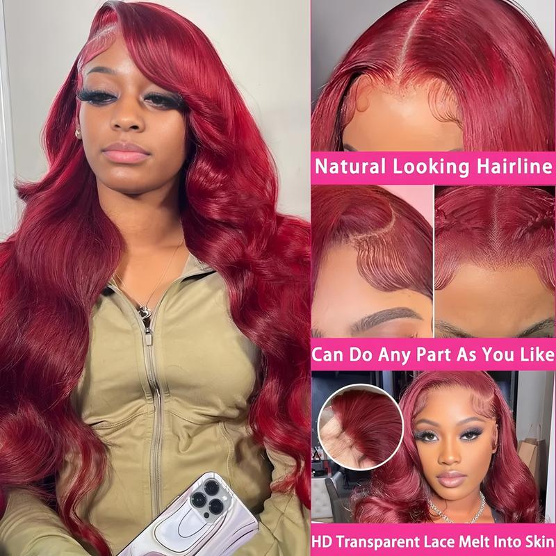 30" 99J Burgundy Body Wave Human Hair Lace Front Wigs 13x6 HD Lace Pre Plucked Glueless Wine Red Colored Wigs For Women Rich Burgundy Color Lightweight Breathable Long-Lasting Styling Versatility