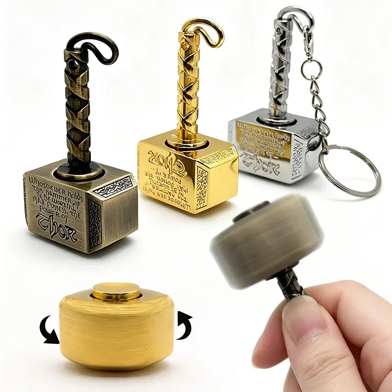 Alloy Mjolnir Fidget Spinner Keychain - Solid Metal Clicky Sound ASMR Fidget Toy, Everyday EDC Pocket Stress Relief Accessory for Boys & Teens