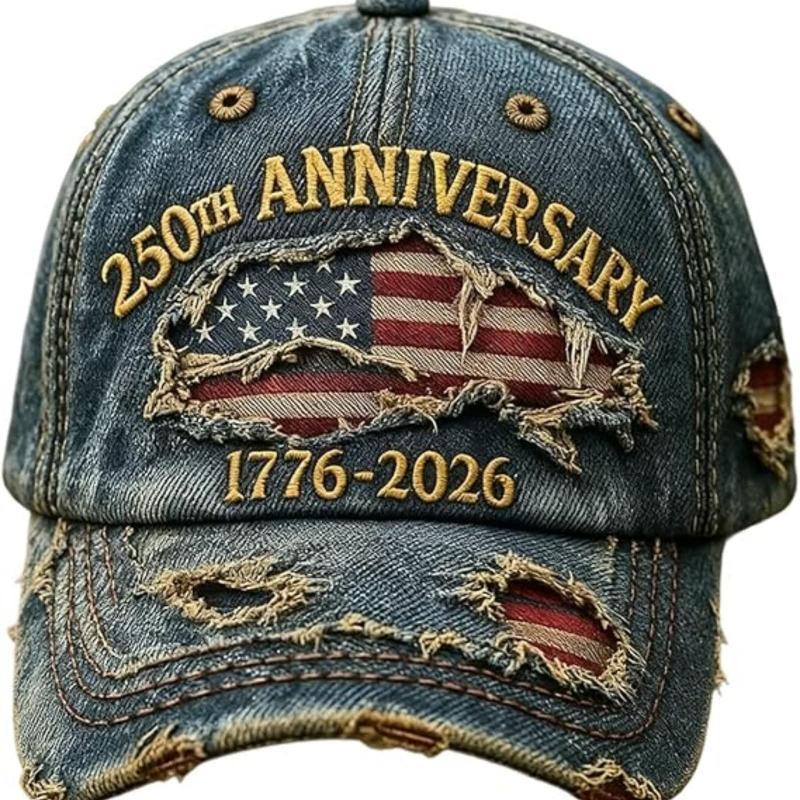250th Anniversary Baseball Cap, USA 1776-2026, Patriotic Fashion Casual Style, Pairs well with ripped jeans and embroidered map of the United States.