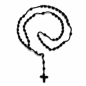 100% Handmade Rosary Cross Pendant Long Braided String Knotted Catholic Religion Adjustable Colorful Rope Necklace Lucky Protection Keepsake Jewelry for Women Men made in Mexico