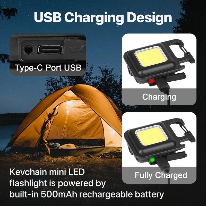 HYPERLITE 2-Pack Mini COB LED Flashlight – USB Rechargeable Keychain Light with Bottle Opener, Foldable Waterproof Design, Compact Handheld Work Light for Camping, Hiking, Emergencies, and Car Repairs，Jumpstart newyear