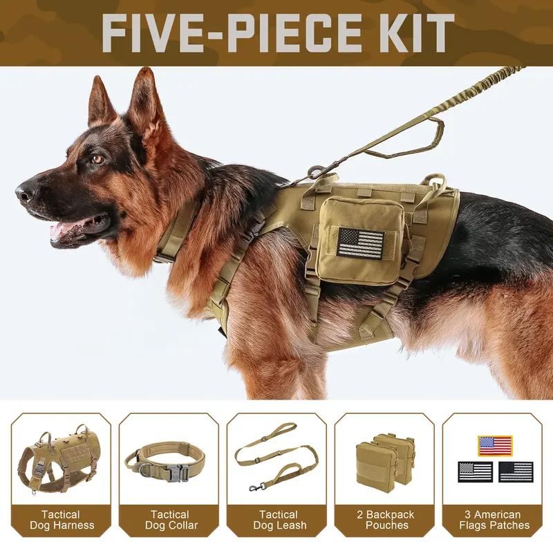 Military Tactical Dog Harness Collar Leash Set with Pouches Flags Durable Camo Vest for Training & Hiking