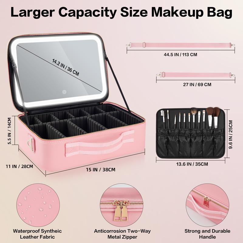 Viral Plus Size Travel Makeup Bag with Lighted Mirror  Waterproof Cosmetic Train Case with Three-color Light Adjustable Dividers Must-Have Organizer for Makeup Lovers Perfect Gift for Her