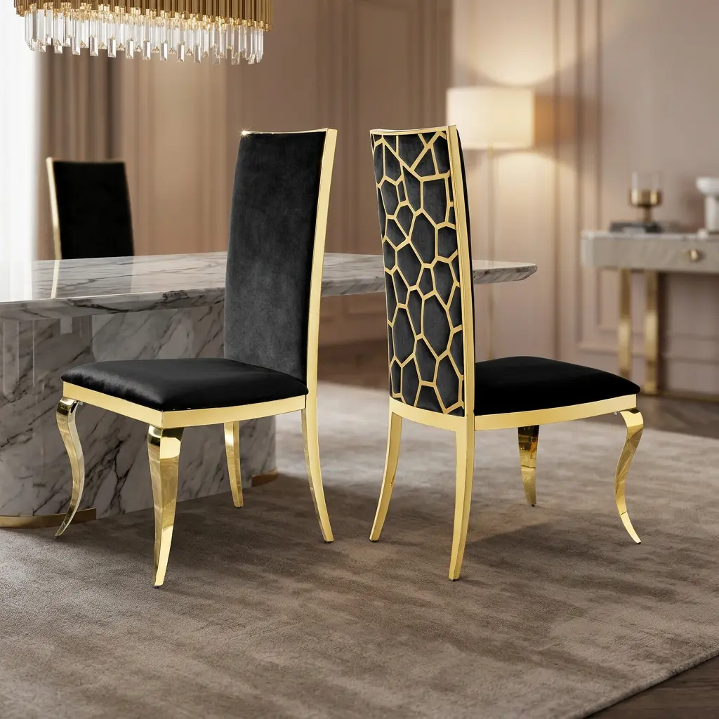 2-Pack Modern Black Velvet Upholstered Dining Chairs - High-Back Contoured Backrest, Mirror Gold Stainless Steel Legs, Luxury Indoor Furniture, Easy Assembly & Cleaning, Extra Seating for Guests (Ideal for Dining Room, Office)