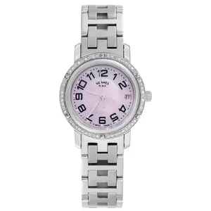 Hermès Clipper 24mm Stainless Steel Watch - Custom Pink Mother-of-Pearl & Diamond Bezel WHP029257 FS