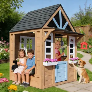 Kids Outdoor Playhouse Cedar Wooden with Play Kitchen Chalkboard Windows Flower Pot Birdcage Bench Pet Door for Toddlers Ages 3-12 Backyard Garden Play