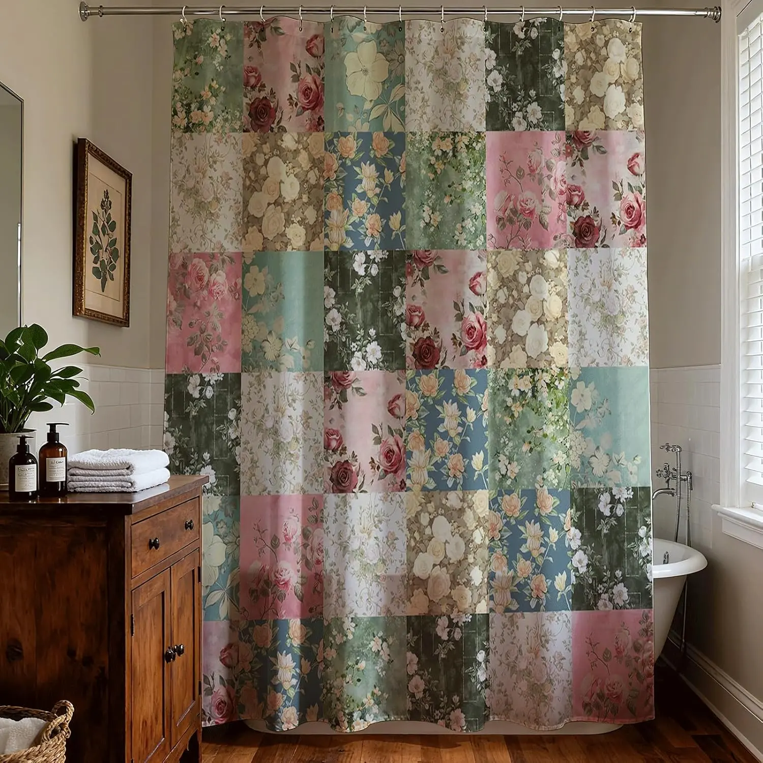 Bohemian Floral Shower Curtain Boho Patchwork Flower Bathroom Curtain Vintage Boho Bathroom Decor Rustic Cottagecore Bath Curtain Waterproof Polyester Fabric Aesthetic Bohemian Home Bathroom Style