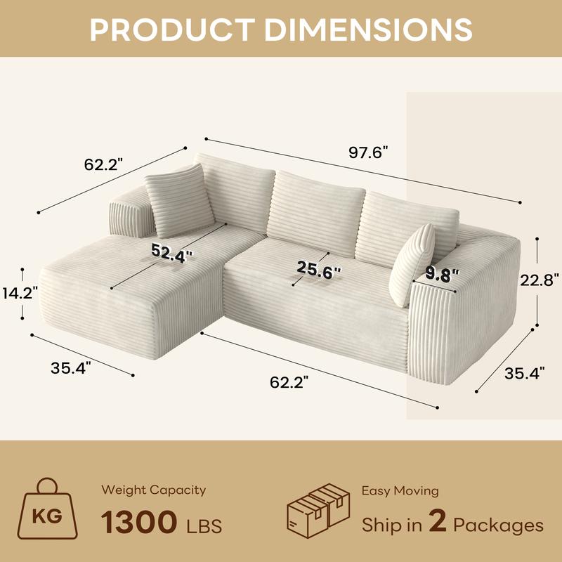 Plush Corduroy Cloud Velvet Modular Sofa Boneless 3-Seater Sectional with Chaise Extra-Wide Seat No Assembly Perfect for Small Spaces Cozy Corners & Apartments