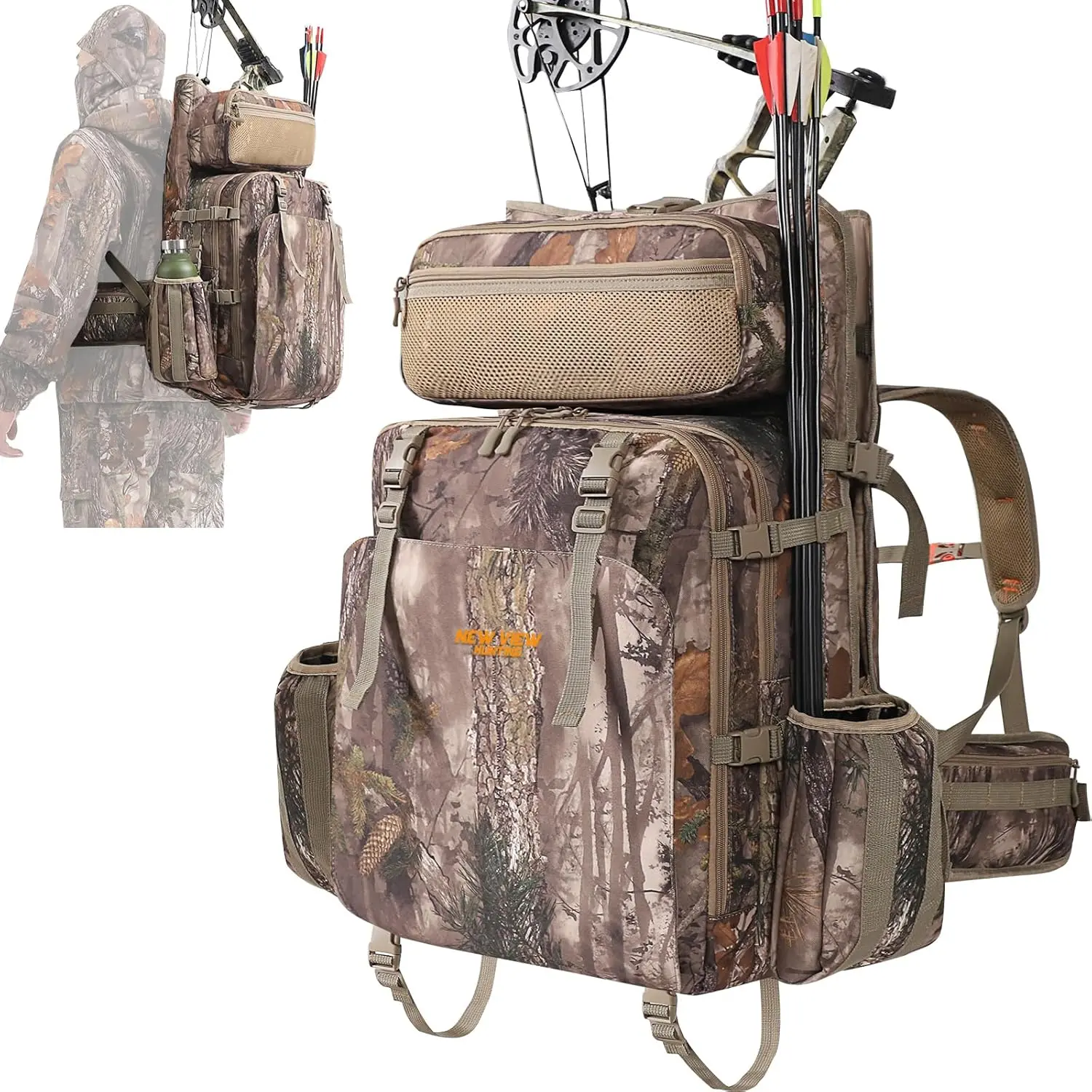 NEW VIEW Saddle Hunting Backpack for Men Easy Carry Saddle Platform & Tree Sticks Waterproof Hunting Bag Bow Holder Multiple Accessory Pockets Camo Design Ideal for Elk Deer Hunt