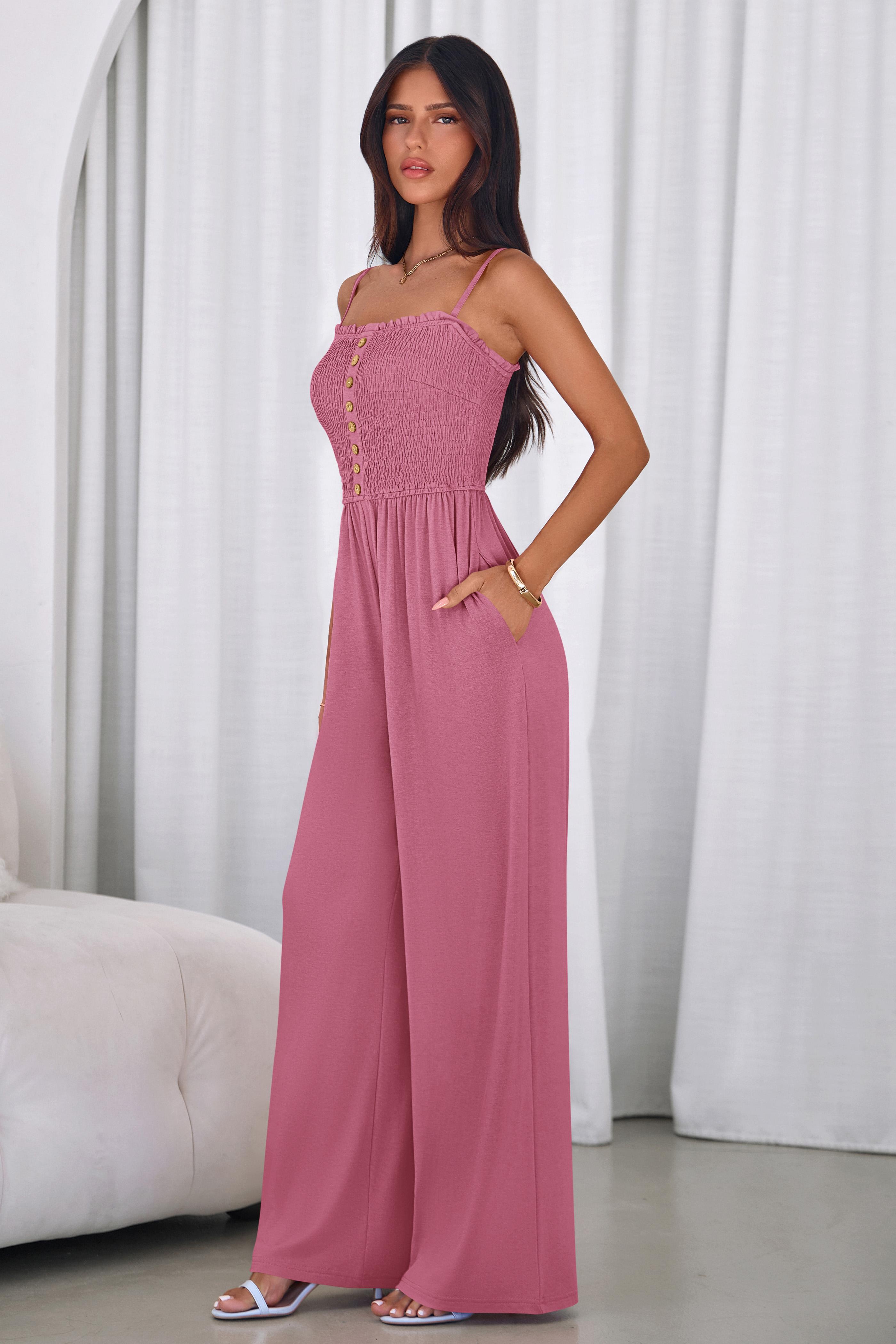 PrettyGarden Jumpsuits for Women Summer Sleeveless Smocked Button Wide Leg Rompers Spring Travel One Piece Outfits