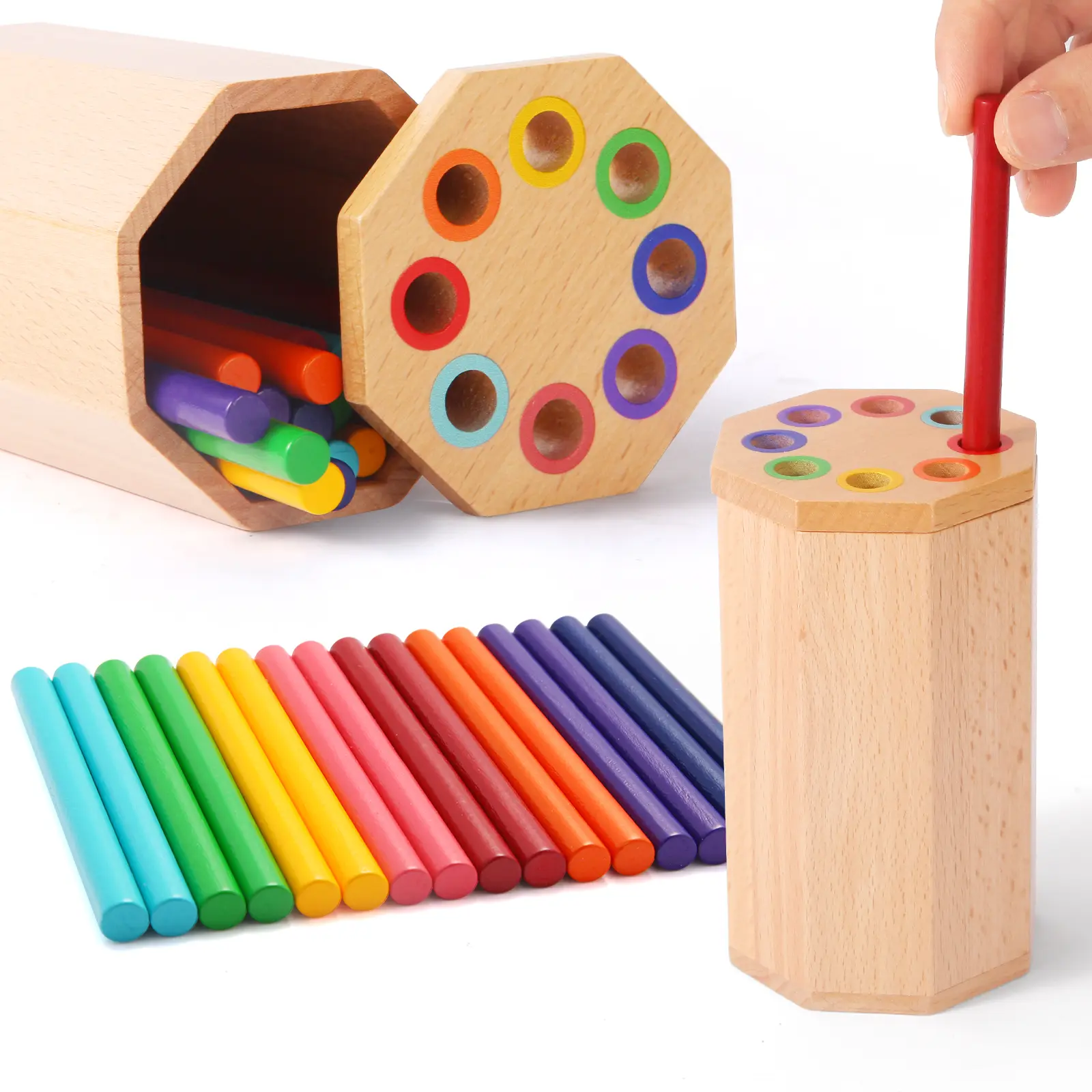 Hatwoo Bright Wood Color Sorting Sensory Learning Toy Set - Craft Sticks, Magnetic Building Blocks, Tiles, Pen Holder - Unisex Toddler Toys for 12-18 Months - Fine Motor/Size Recognition, Christmas Gifts, Kids Toys