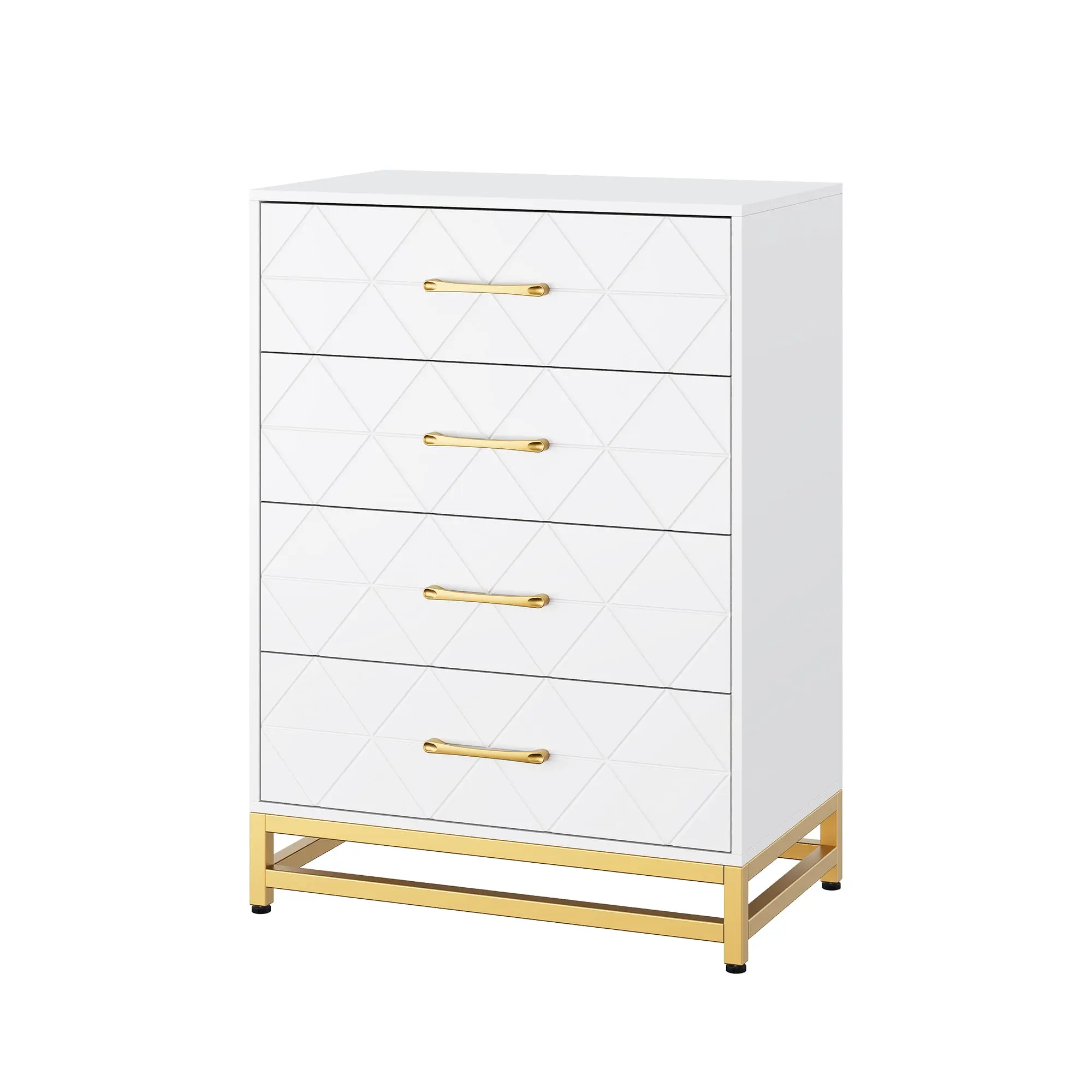 Gaomon 4-Drawer Triangle Pattern Storage Cabinet - MDF, PB, Iron Construction, White Compact Indoor Furniture with Storage Drawers for Bedroom, Office