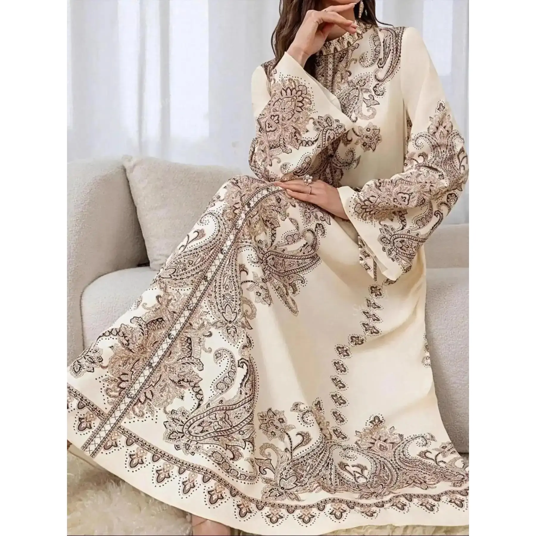 Women's Bohemian Floral Print Maxi Dress Stand Collar Lantern Sleeve with Belted Waist, Arabian LongDress, Muslim Islamic Clothing, clothes, Classy Modest Dresses, Vacation, Daily Wear, for All Seasons, Elegant, Formal
