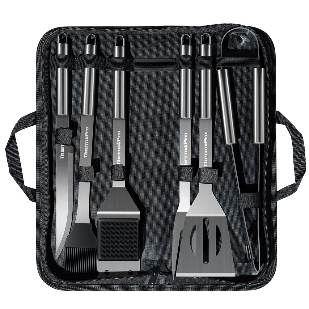 ThermoPro 6-Piece BBQ Tool Set | Heavy-Duty Grilling Kit for Home & Outdoor Cooking Stainless Steel Grilling Utensil Set Cast Iron Burger Press
