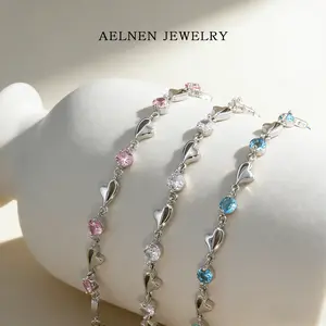 AELNEN Silver-Tone Pastel Zircon Heart-Link Bracelet Set - Pink/Blue/Clear Zircon Dainty Stackable Bracelets - Romantic Everyday Jewelry - Gift for Her