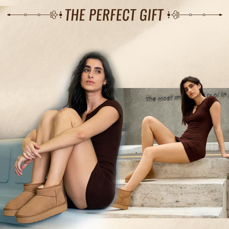 OOW Women's Snow Boots Platform Mini Boots for Women Winter Suede Ankle Boots with Fur Lining Memory Foam Insole Lightweight Anti-Slip EVA Outsole Classic Chunky Walking Shoes